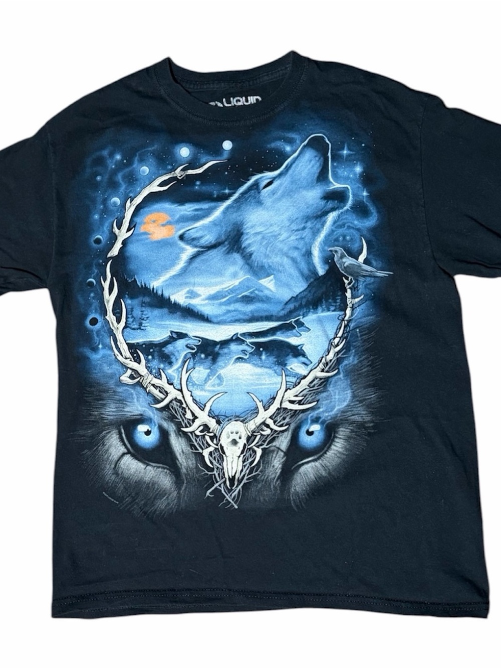 Liquid Blue Black T-Shirt with Blue Wolf Howl Graphic
